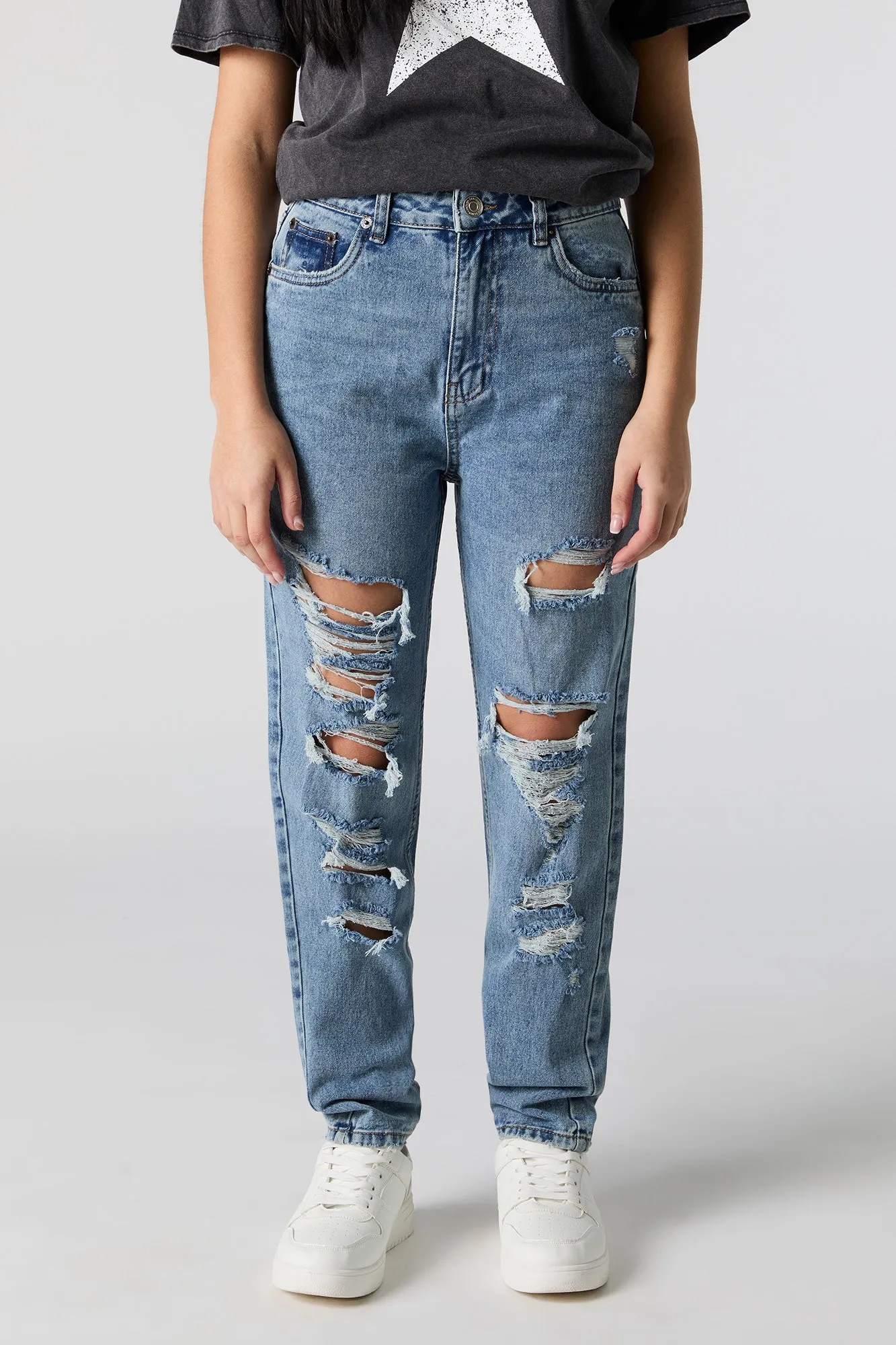 Dark Wash Distressed High Rise Mom Jean sold by Urban Planet product image thumbnail 2