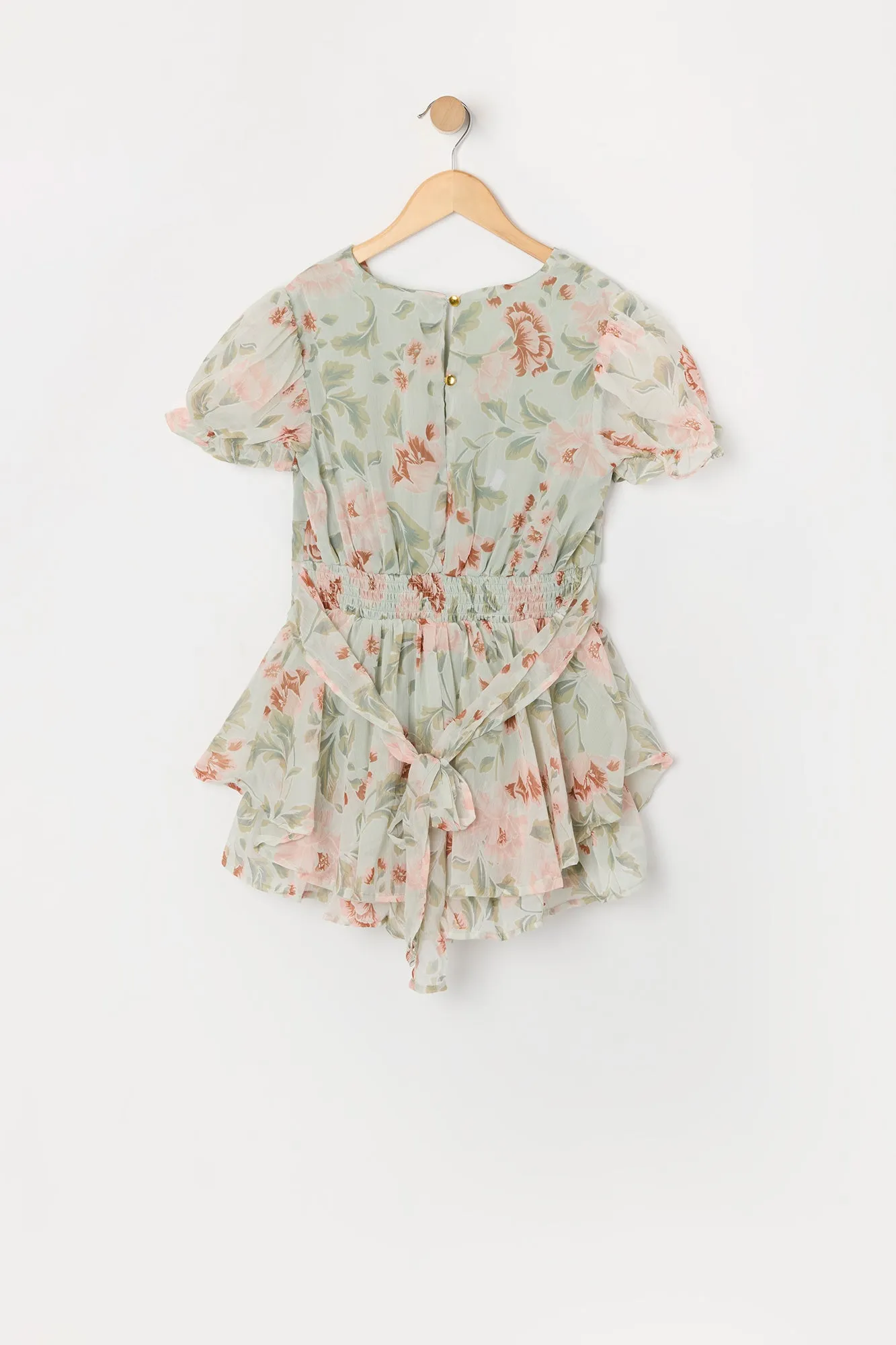 Girls Green Floral Chiffon Puff Sleeve Romper sold by Urban Planet product image thumbnail 2