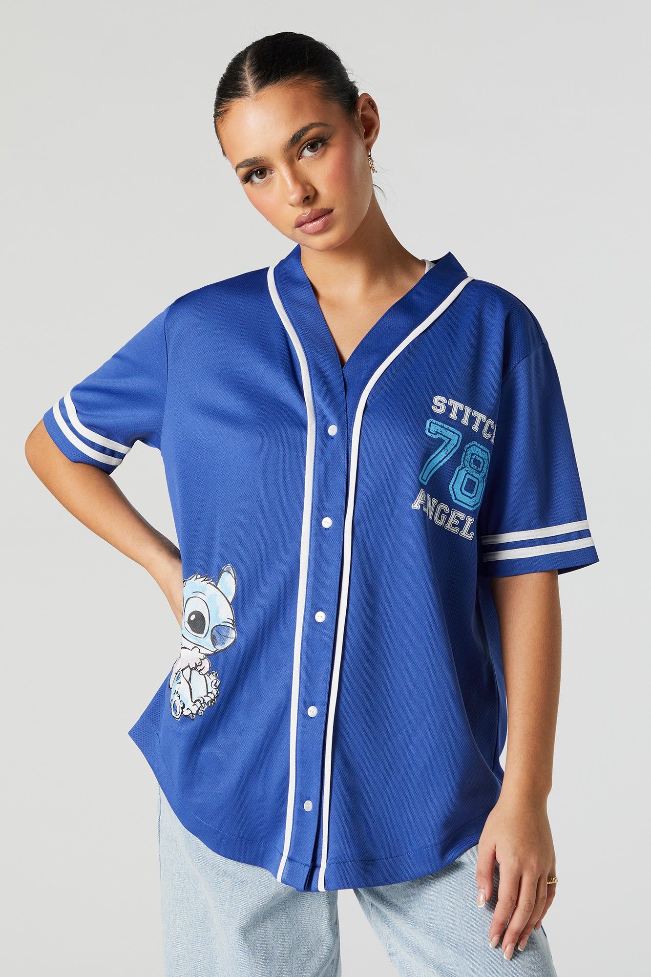 Stitch and Angel Graphic Baseball Jersey sold by Urban Planet