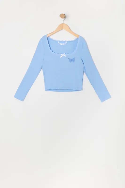 Girls Graphic Embroidered Lace Trim Long Sleeve Top sold by Urban Planet