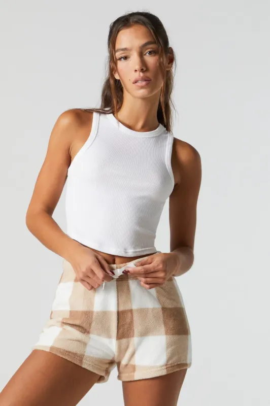 Brown Plaid Print Plush Pajama Short sold by Urban Planet