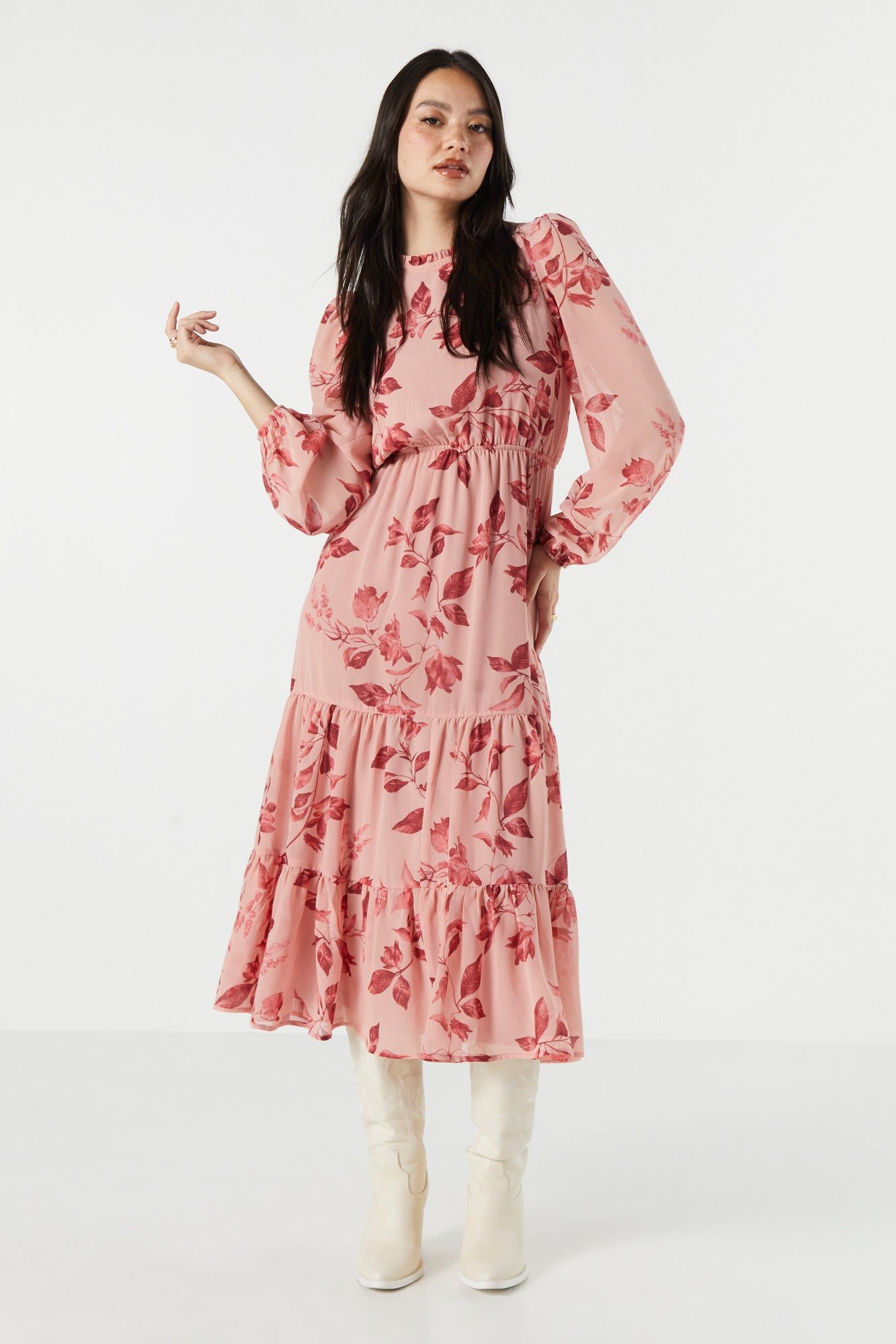 Pink Floral Chiffon Tiered Maxi Dress sold by Urban Planet
