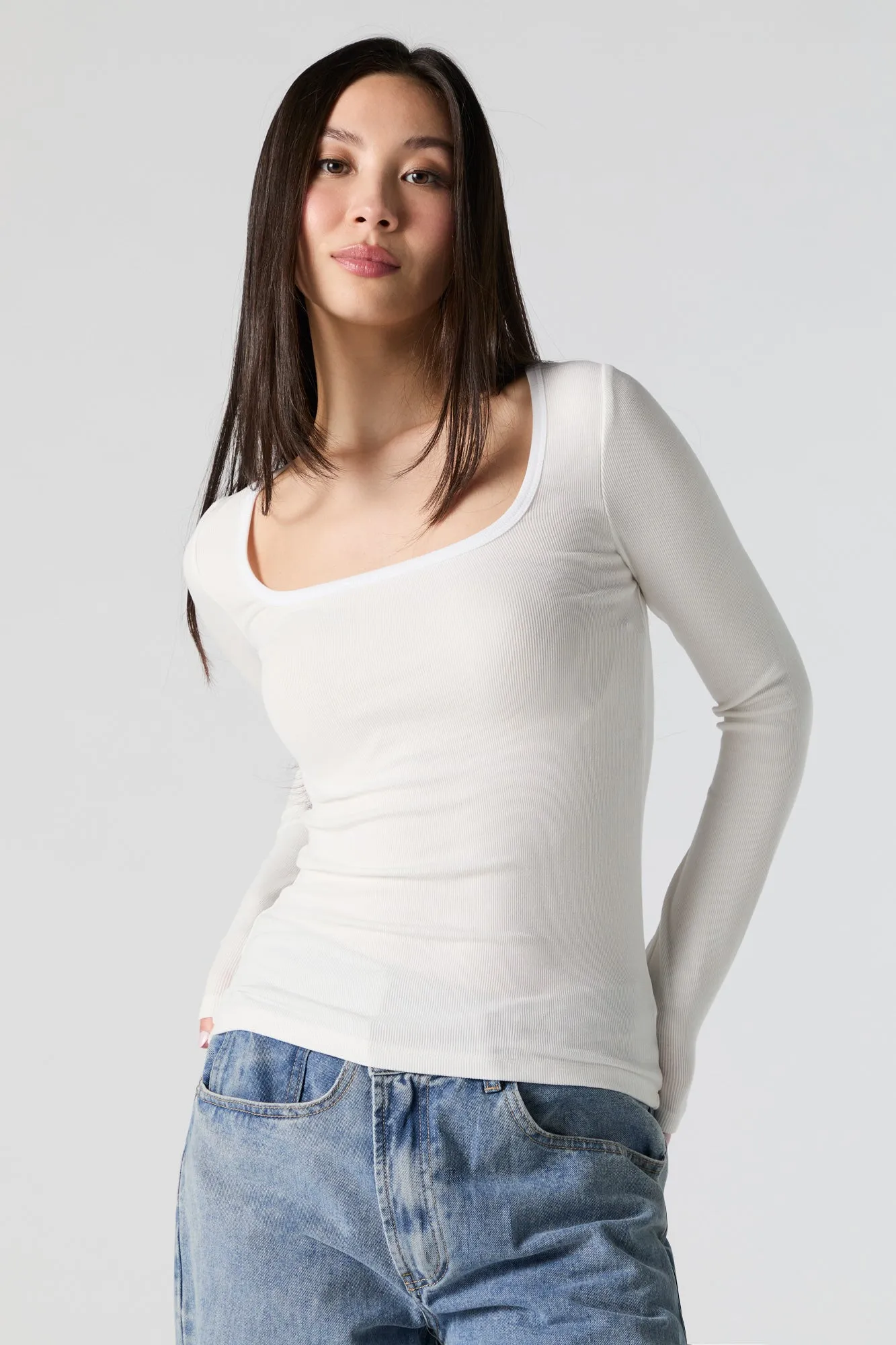 Ribbed Square Neck Long Sleeve Top sold by Urban Planet