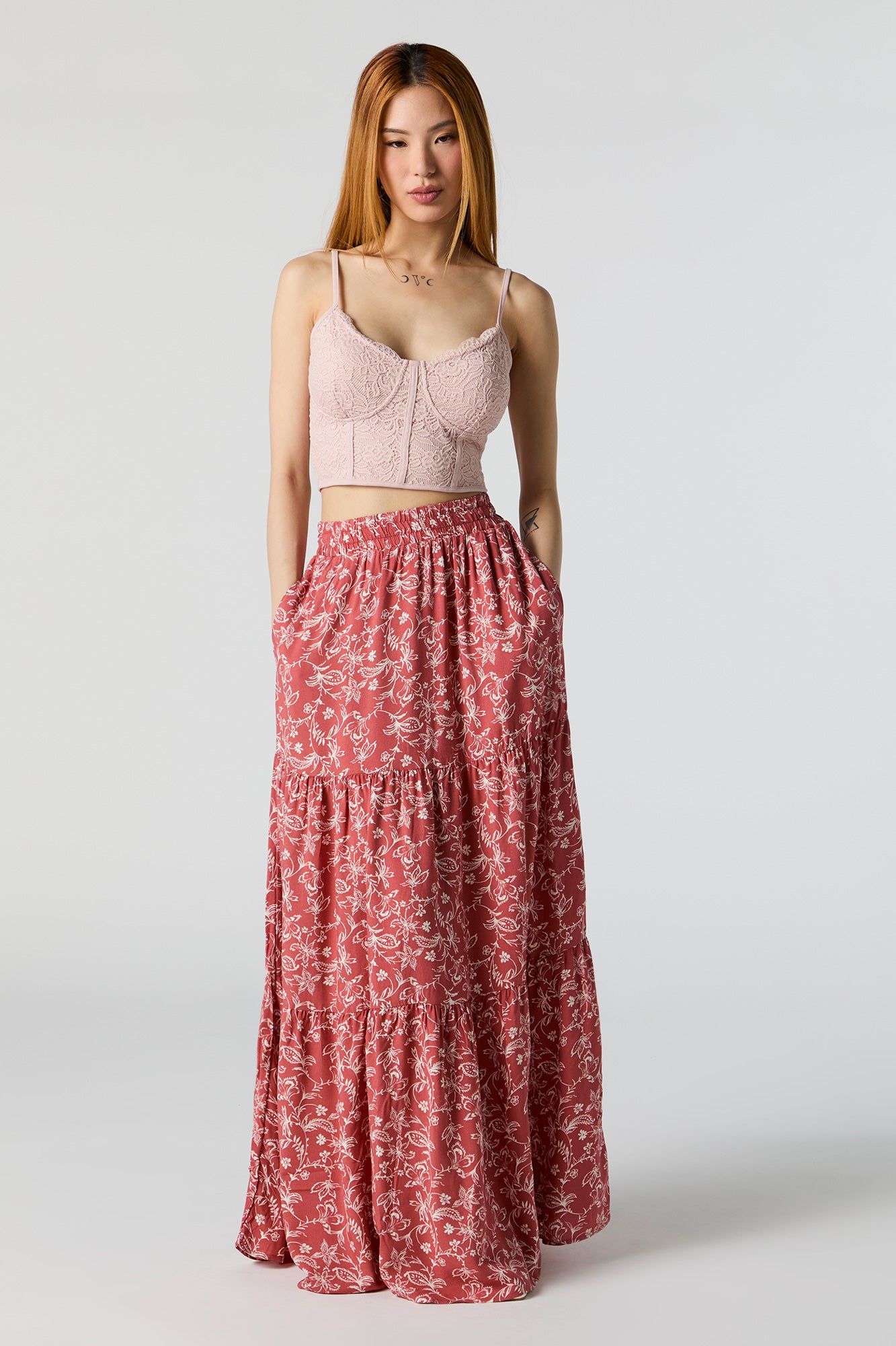 Red Floral High Rise Tiered Maxi Skirt sold by Urban Planet