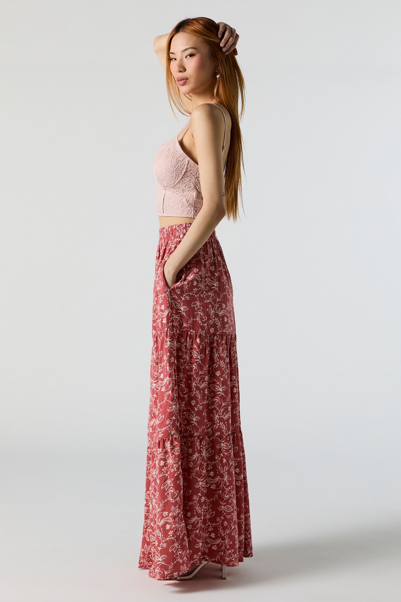 Red Floral High Rise Tiered Maxi Skirt sold by Urban Planet product image thumbnail 2