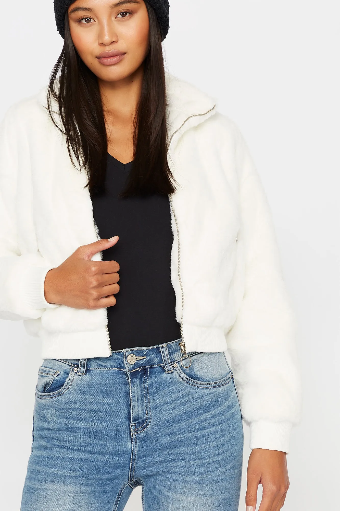 Faux-Fur Zip-Up Cropped Bomber Jacket sold by Urban Planet product image thumbnail 4