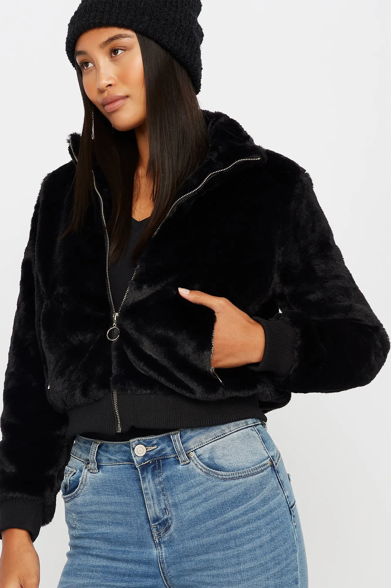 Faux-Fur Zip-Up Cropped Bomber Jacket sold by Urban Planet product image thumbnail 2