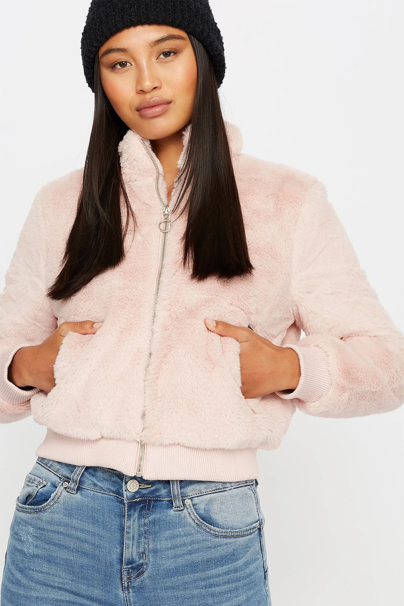 Faux-Fur Zip-Up Cropped Bomber Jacket sold by Urban Planet
