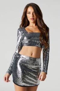 Sequin Long Sleeve Crop Top sold by Urban Planet