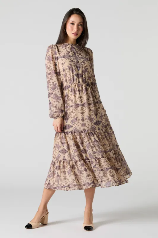 Floral Chiffon Long Sleeve Tiered Midi Dress sold by Urban Planet