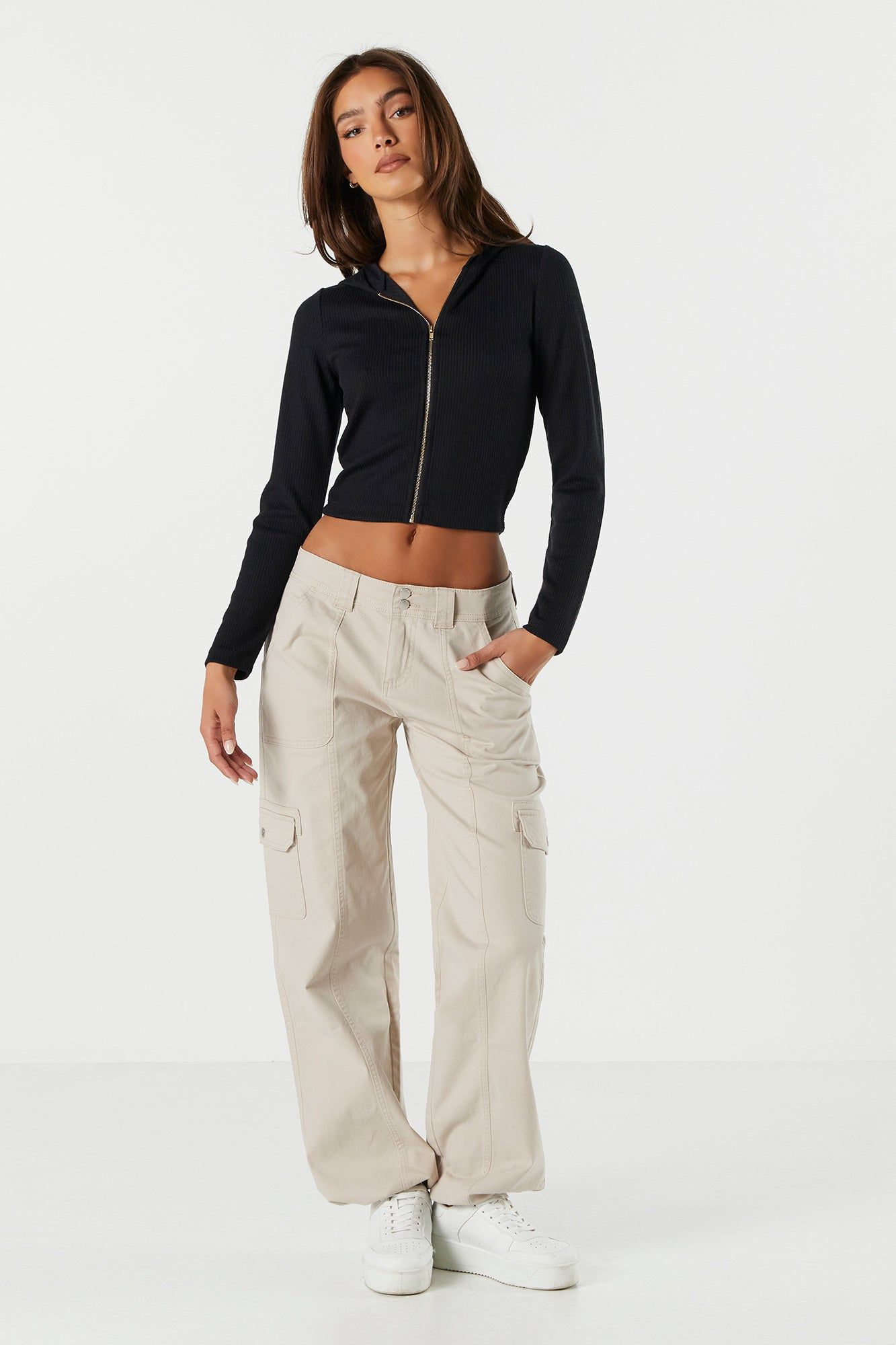 Ribbed Zip-Up Cropped Hoodie sold by Urban Planet product image thumbnail 3