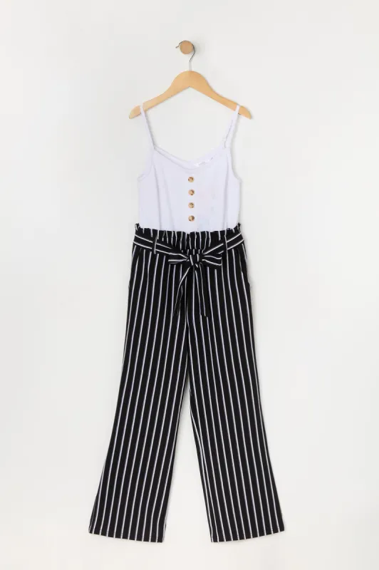 Girls Pinstriped Belted Jumpsuit sold by Urban Planet