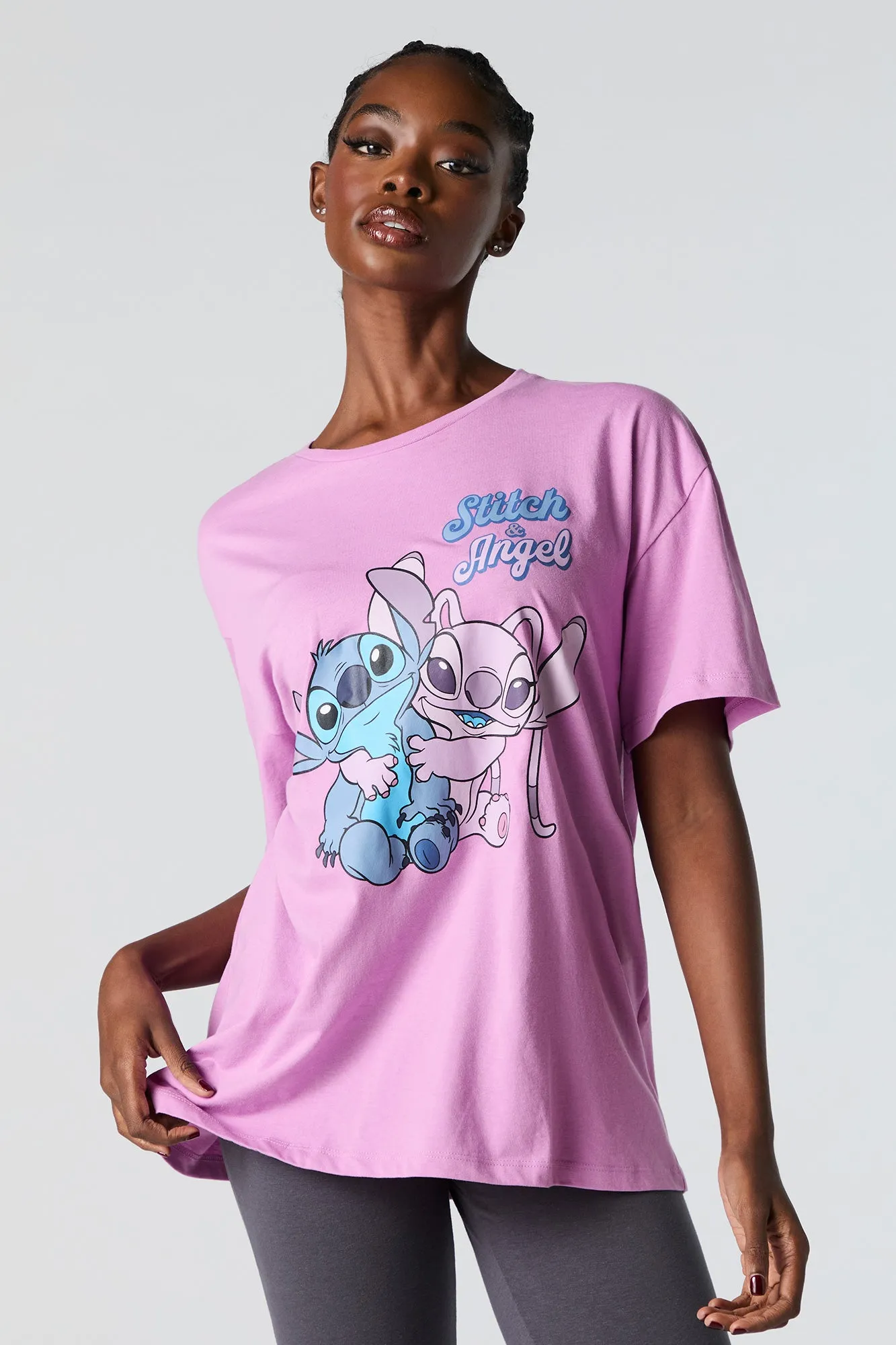Stitch and Angel Graphic Pink Boyfriend T-Shirt sold by Urban Planet