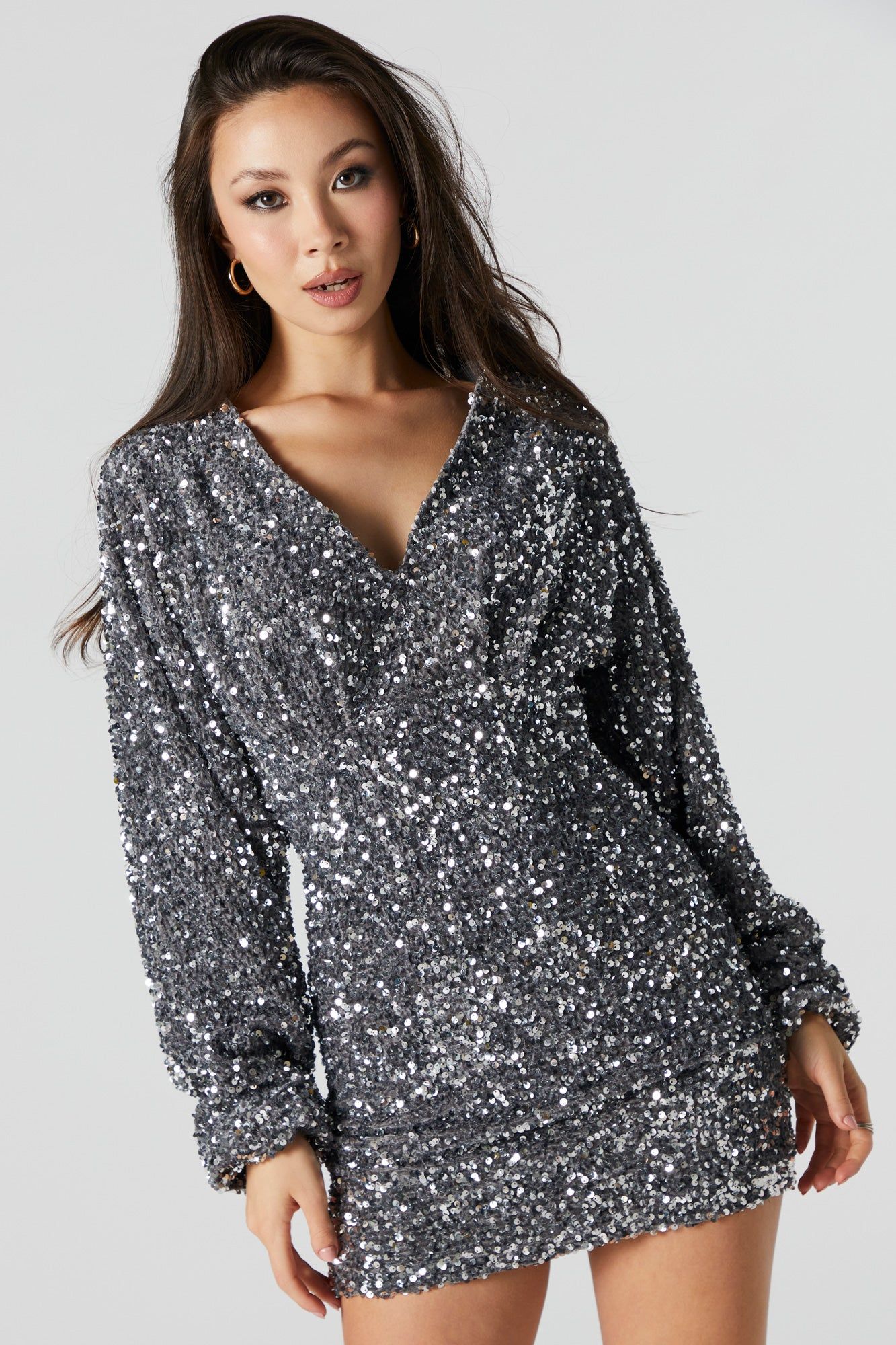 Sequin V-Neck Long Sleeve Mini Dress sold by Urban Planet product image thumbnail 2