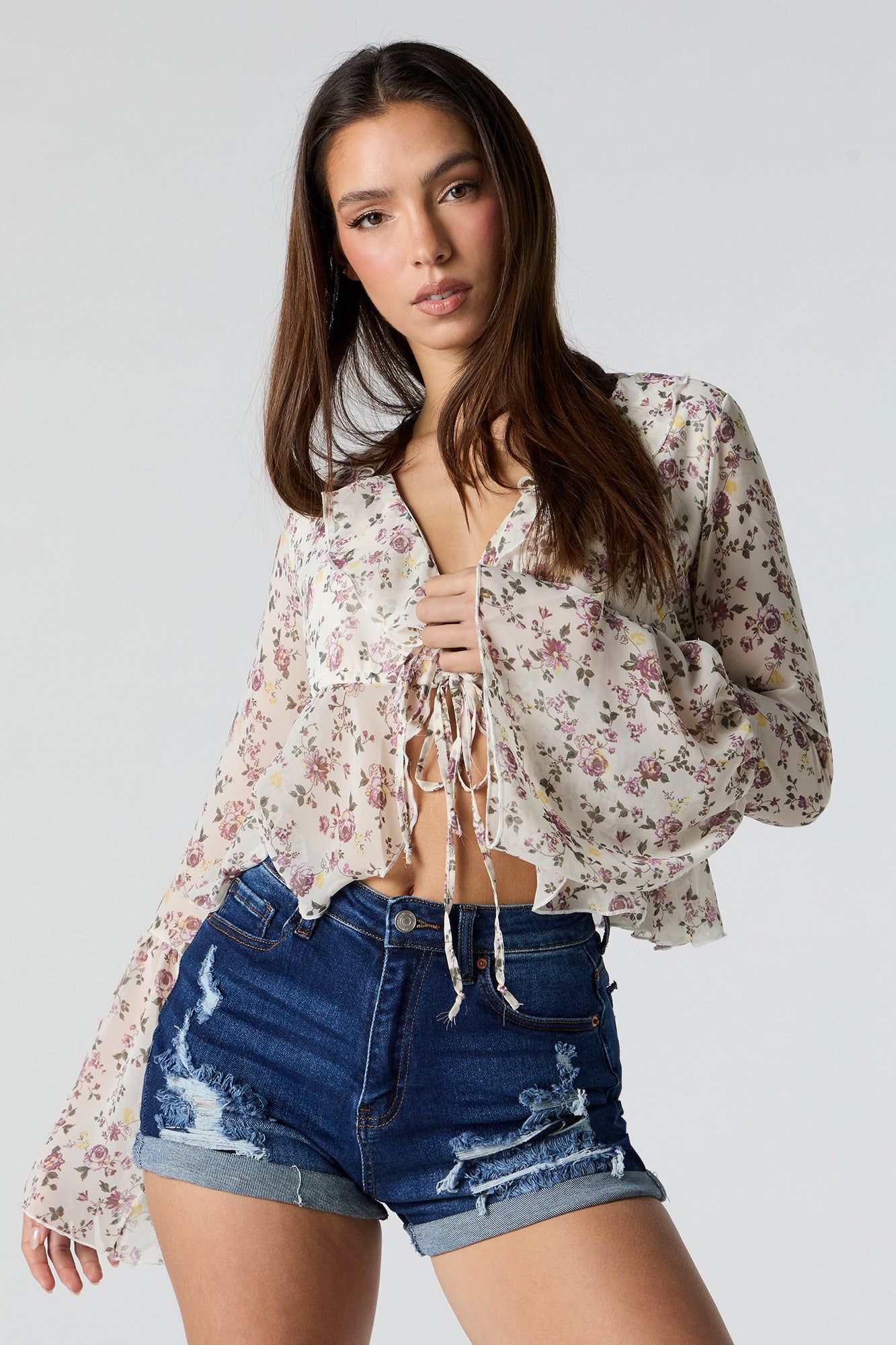 Chiffon Front Tie Long Sleeve Top sold by Urban Planet