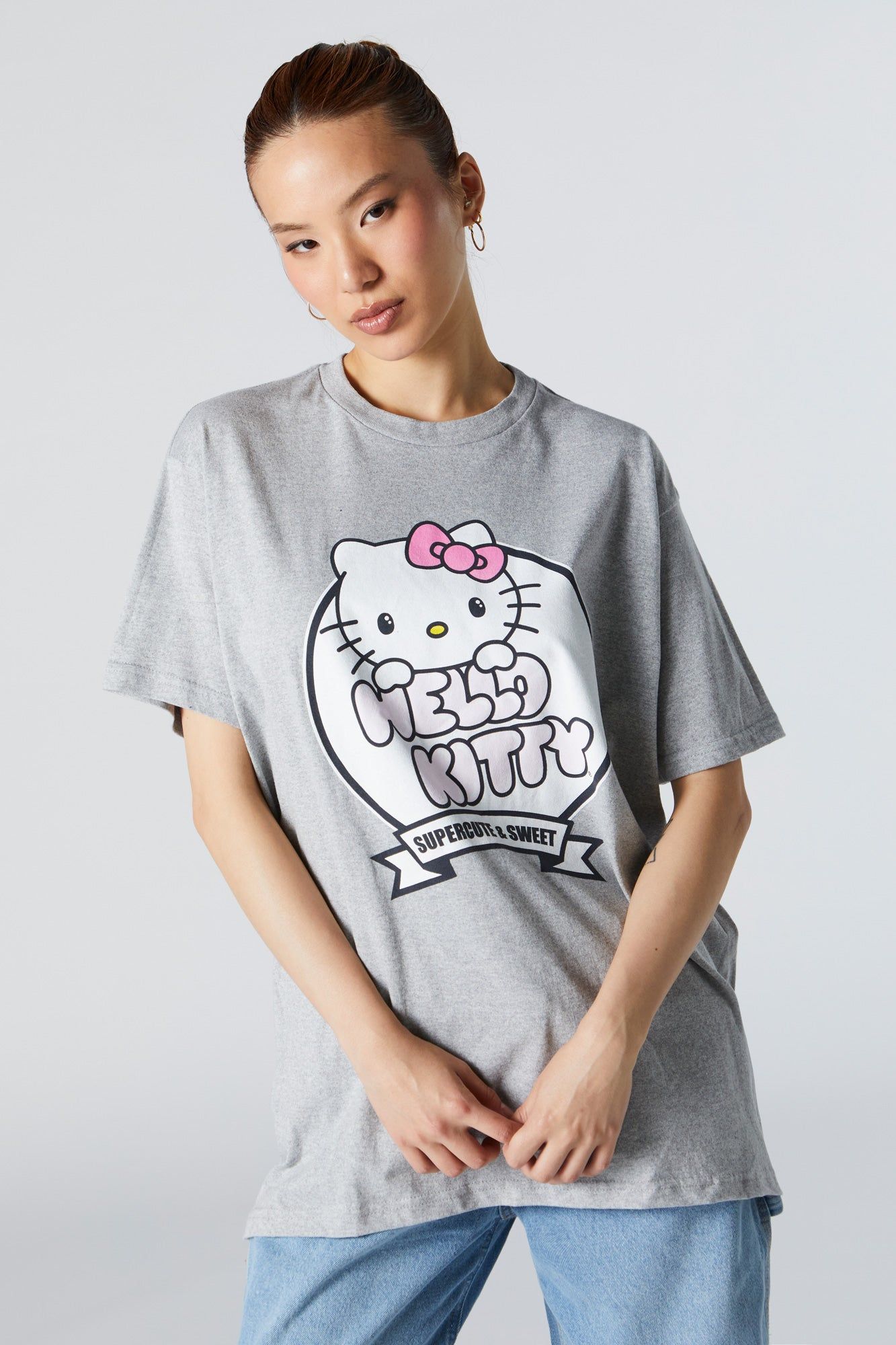 Grey Hello Kitty Graphic Boyfriend T-Shirt sold by Urban Planet
