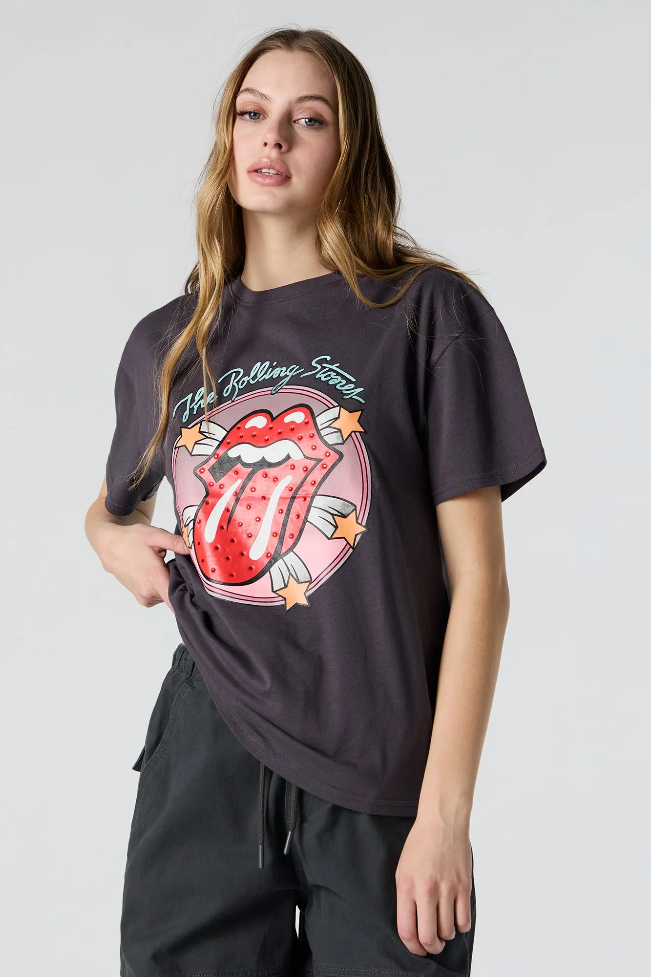 The Rolling Stones Rhinestone Graphic Boyfriend T-Shirt sold by Urban Planet