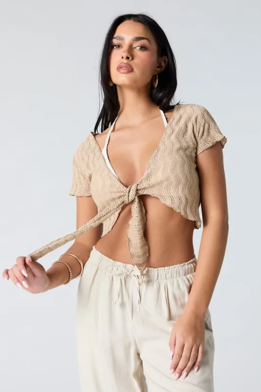 Crochet Front Tie Short Sleeve Cardigan sold by Urban Planet
