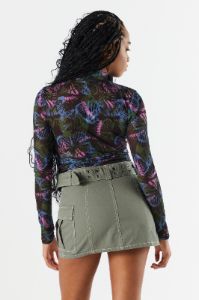 Black Print Mesh Mock Neck Crop Top sold by Urban Planet