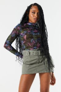 Black Print Mesh Mock Neck Crop Top sold by Urban Planet