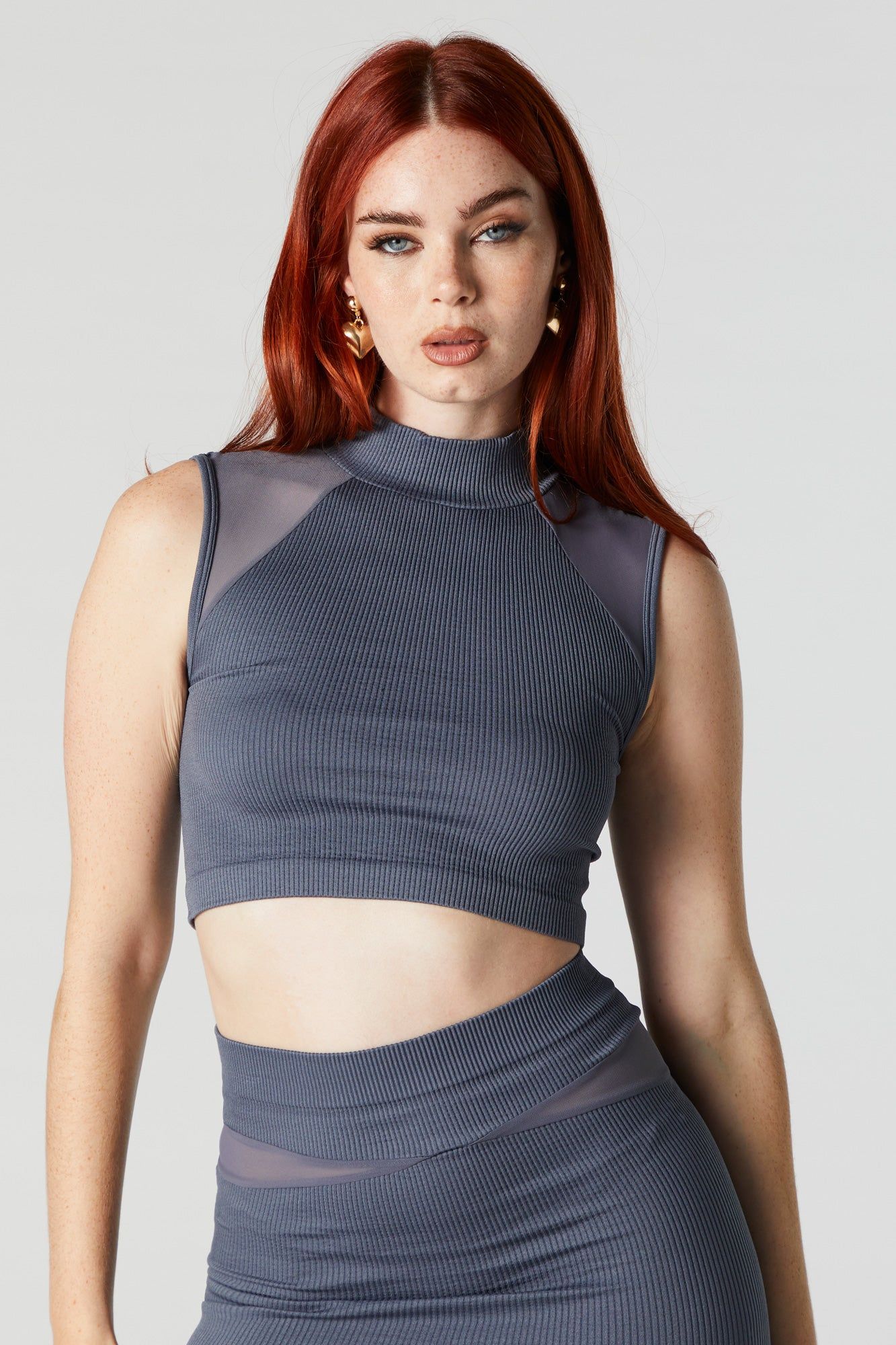 Mesh Shoulder Mock Neck Crop Top sold by Urban Planet