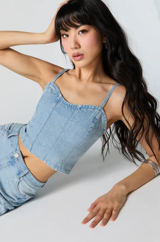 Rhinestone Denim Corset Top sold by Urban Planet