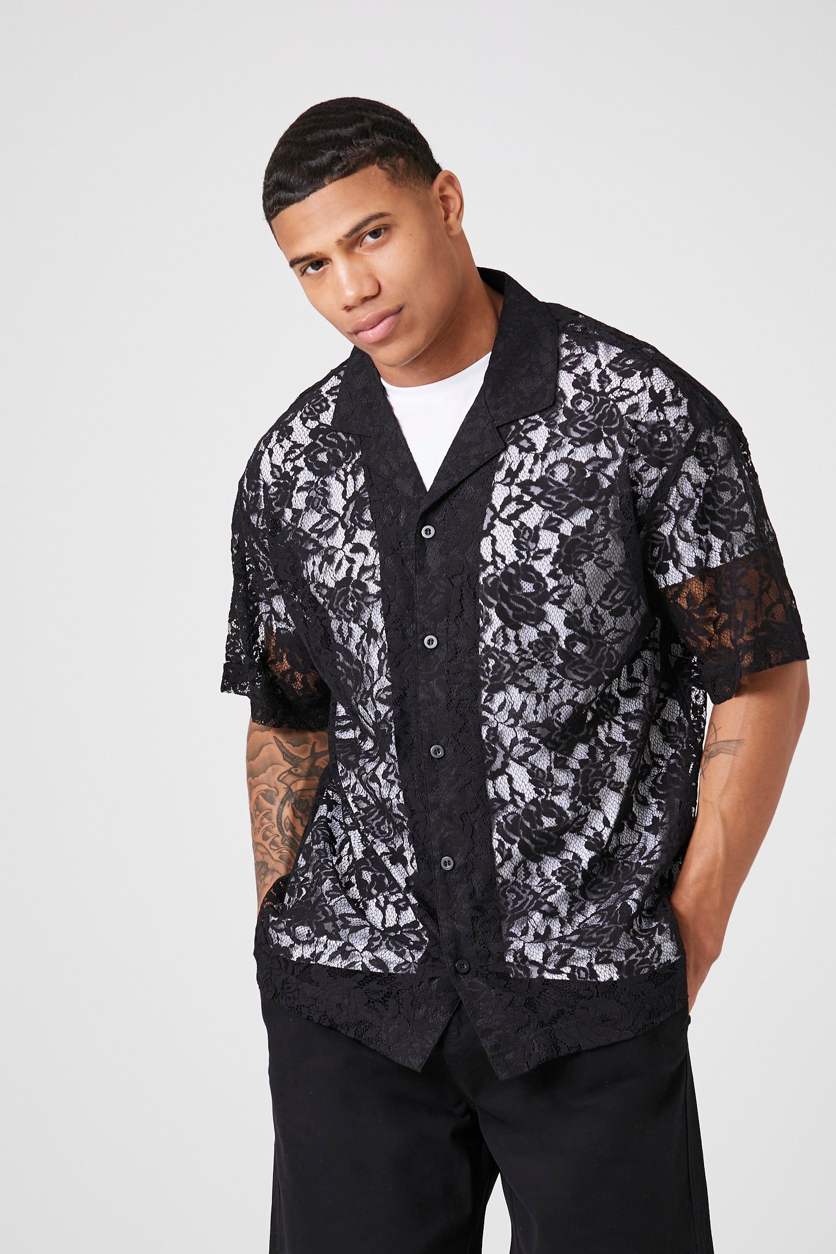 Sheer Floral Lace Button-Up Top sold by Urban Planet