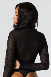 Mesh Rhinestone Long Sleeve Bodysuit sold by Urban Planet