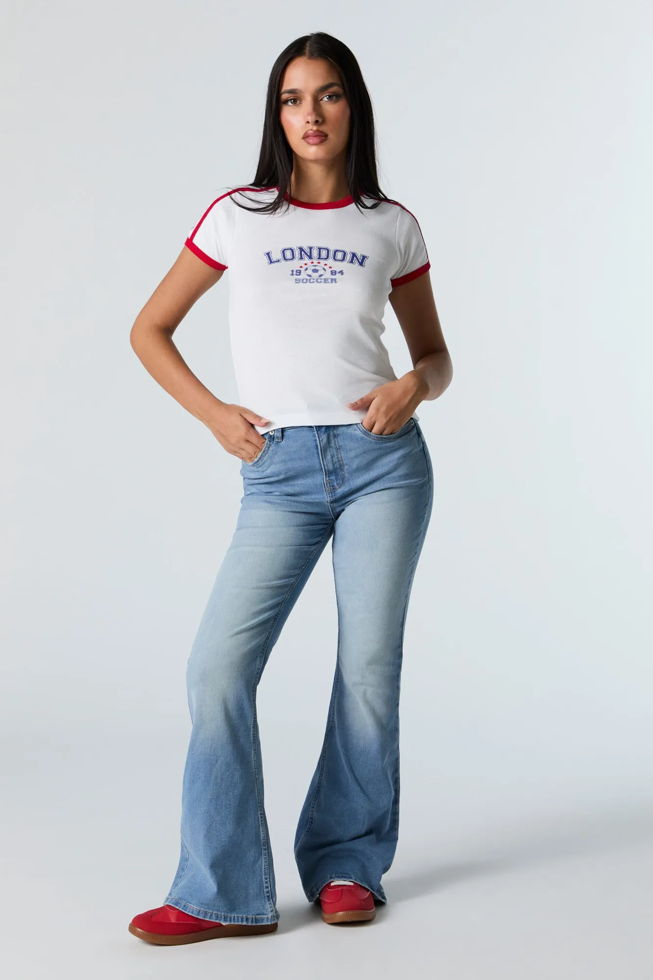 Medium Wash High Rise Flare Jean sold by Urban Planet