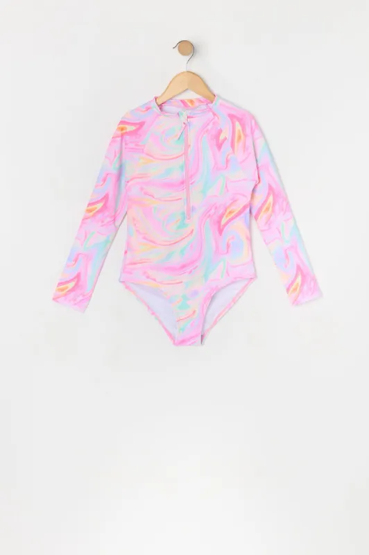 Girls Paint Swirl Print One Piece Rashguard Swimsuit sold by Urban Planet