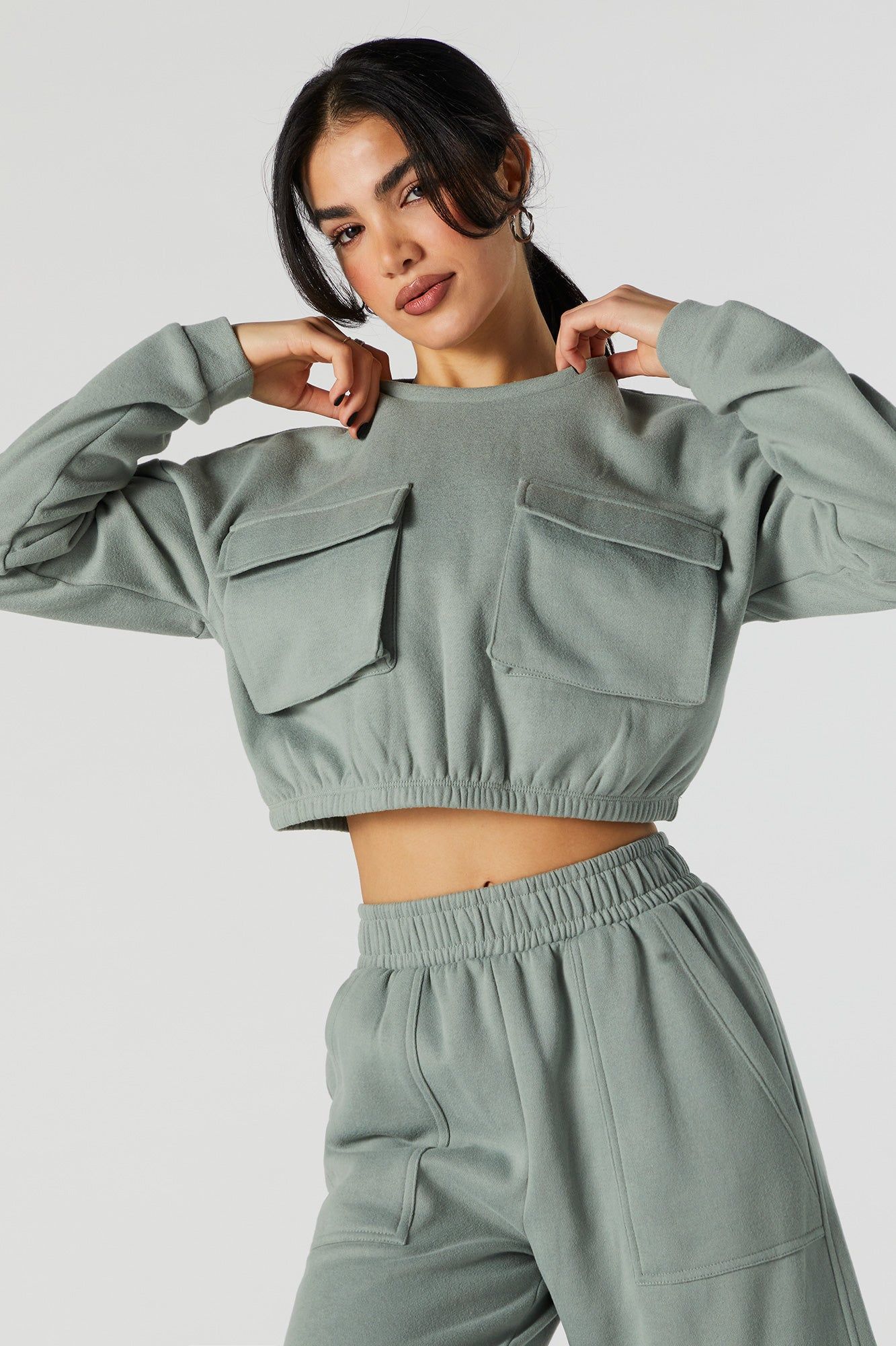 Fleece Cropped Cargo Sweatshirt sold by Urban Planet