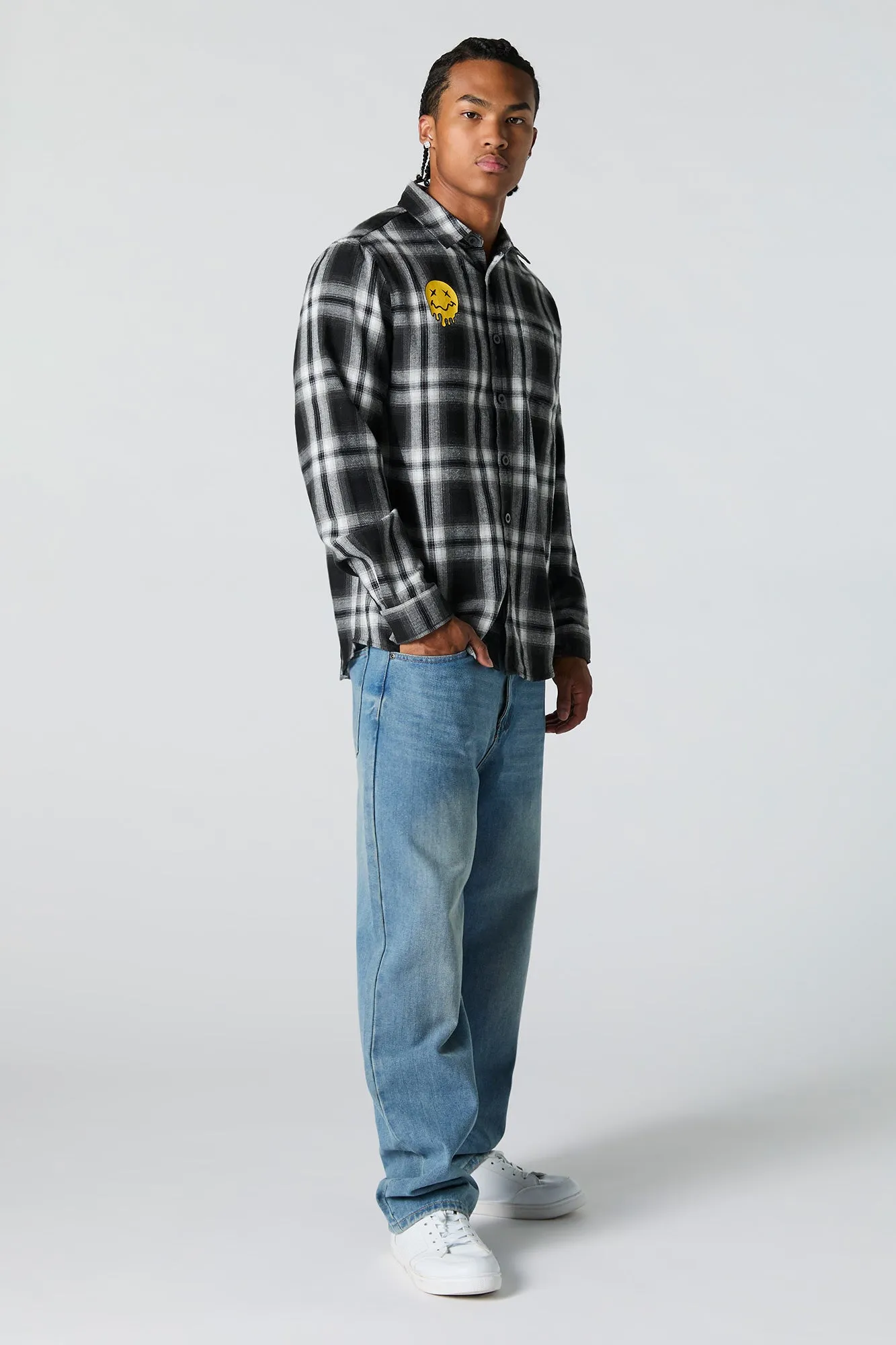 Dripping Smiley Graphic Plaid Button-Up Top sold by Urban Planet product image thumbnail 3