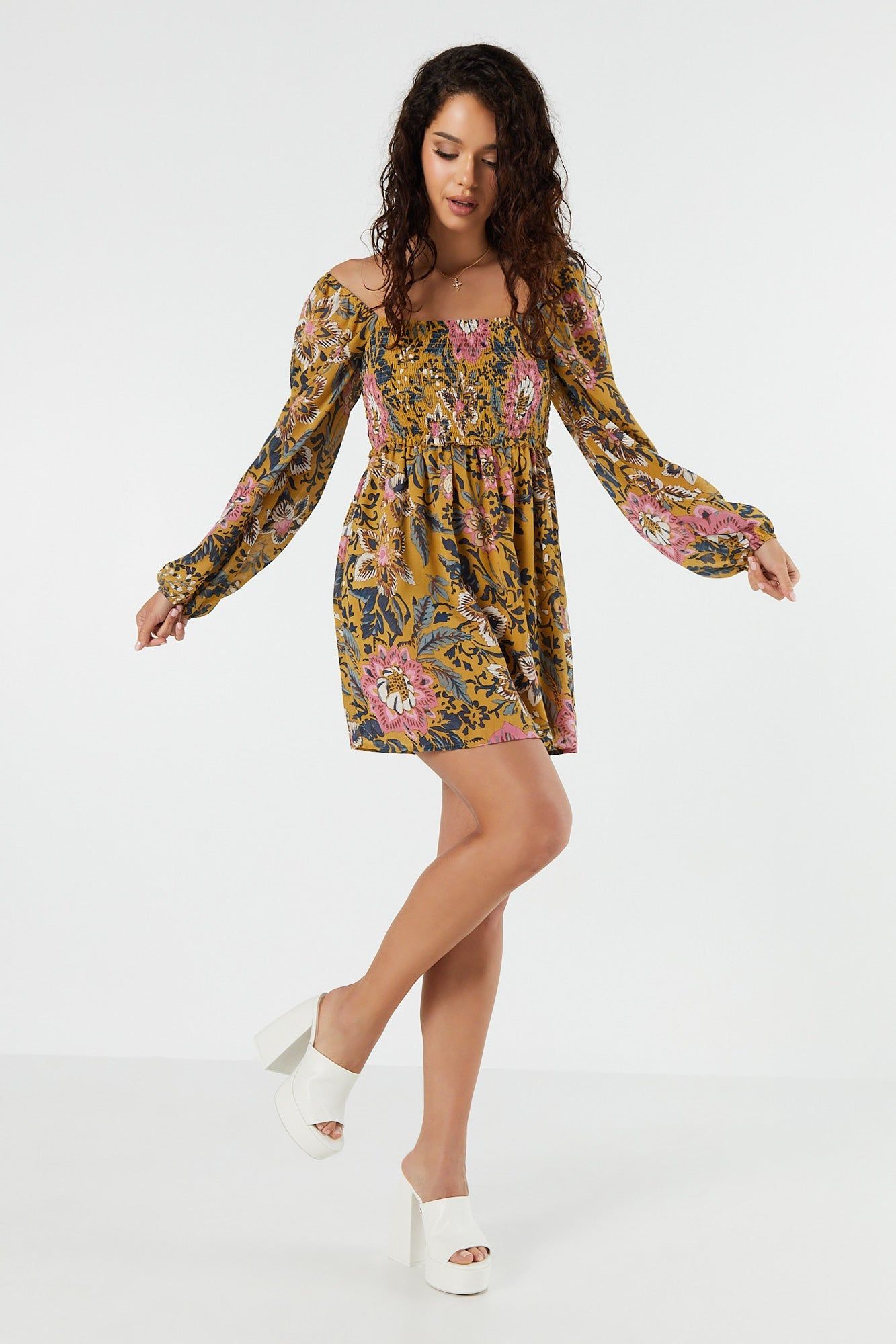 Floral Off Shoulder Long Sleeve Mini Dress sold by Urban Planet product image thumbnail 3