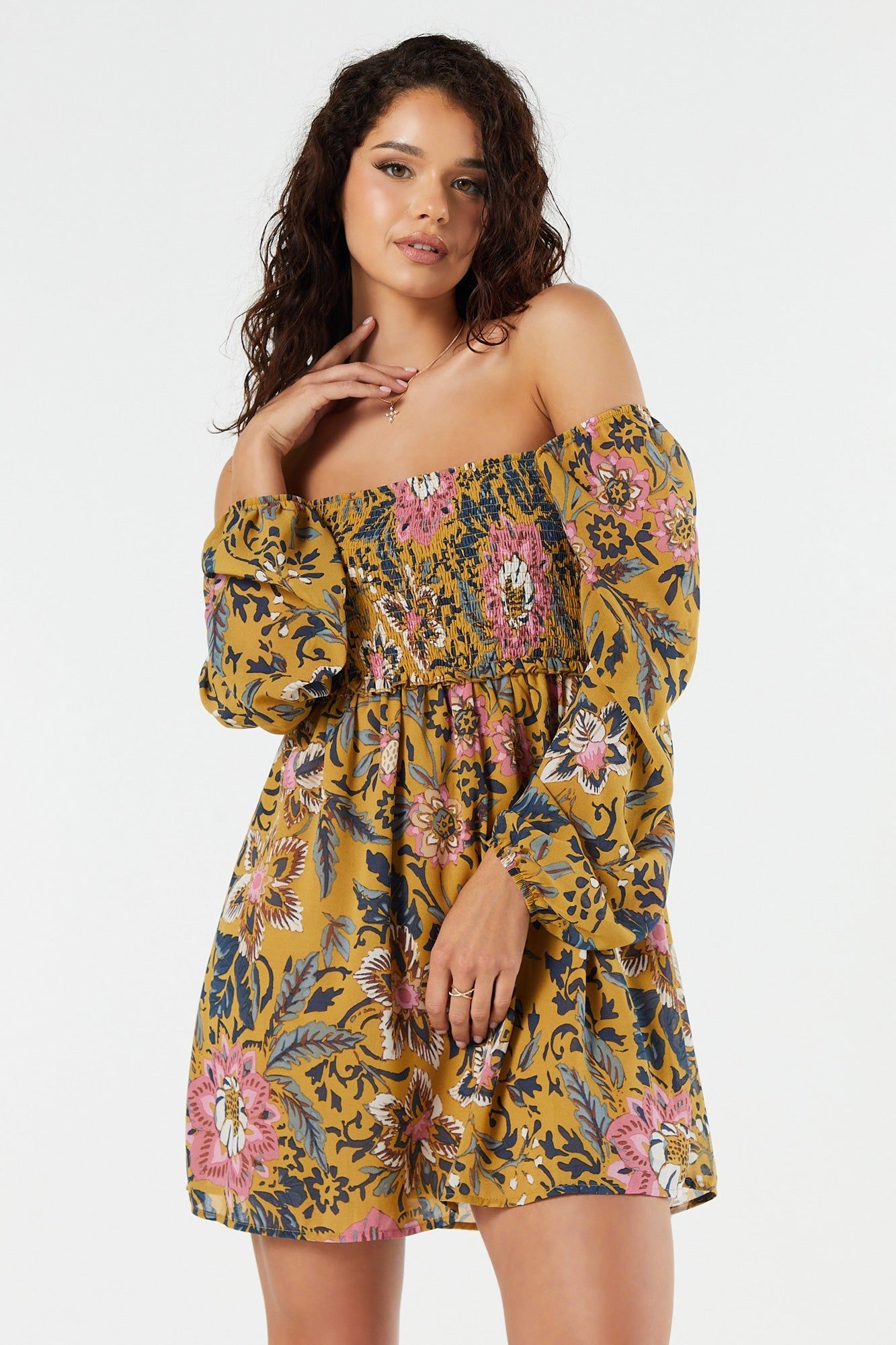 Floral Off Shoulder Long Sleeve Mini Dress sold by Urban Planet
