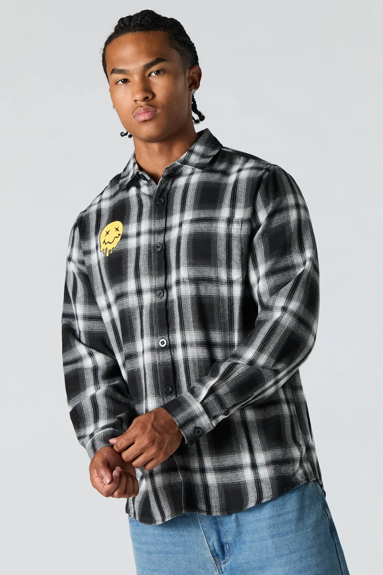 Dripping Smiley Graphic Plaid Button-Up Top sold by Urban Planet