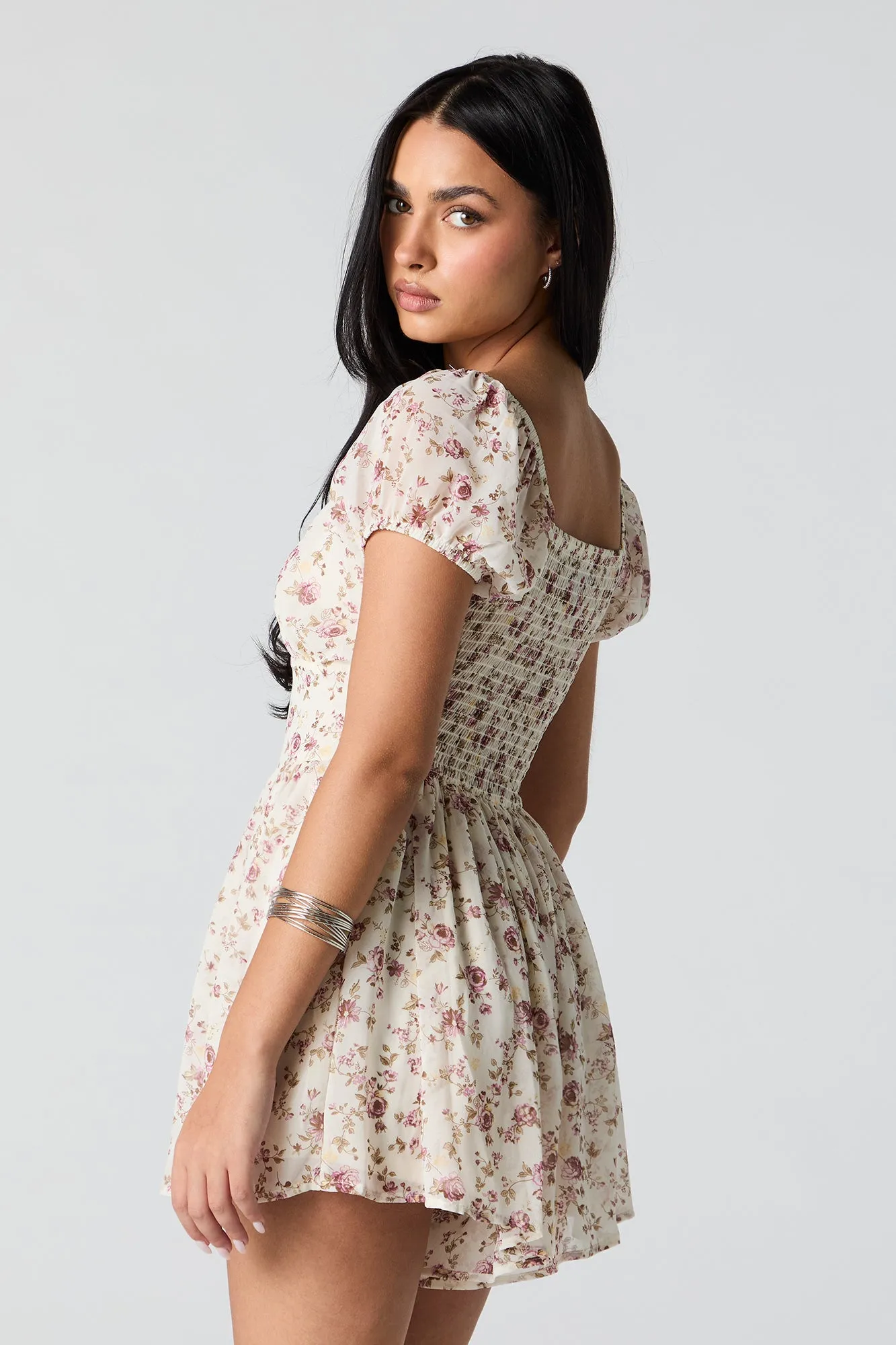 White Floral Chiffon Milkmaid Romper sold by Urban Planet product image thumbnail 2
