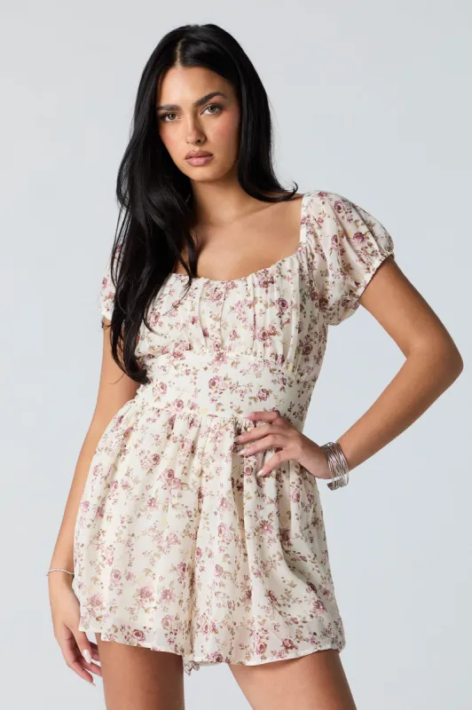 White Floral Chiffon Milkmaid Romper sold by Urban Planet