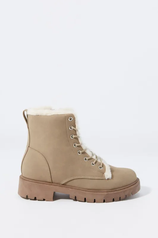Fur Lined Lace Up Lug Boot sold by Urban Planet