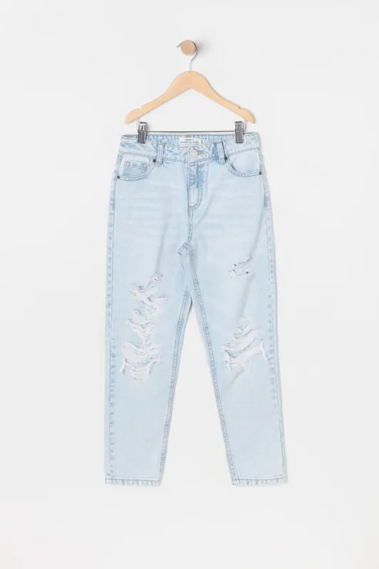 Girls High-Rise Distressed Light Wash Mom Jean sold by Urban Planet