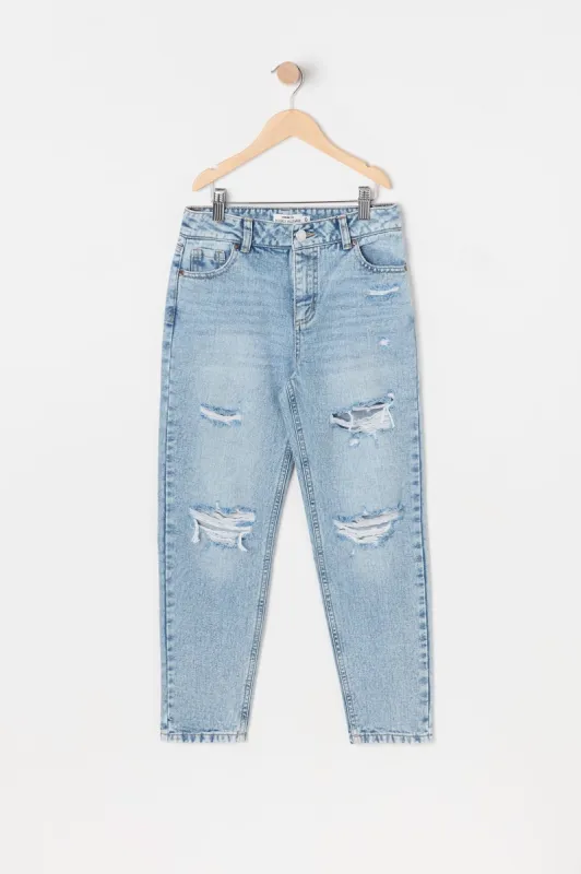 Girls High-Rise Distressed Medium Wash Mom Jean sold by Urban Planet