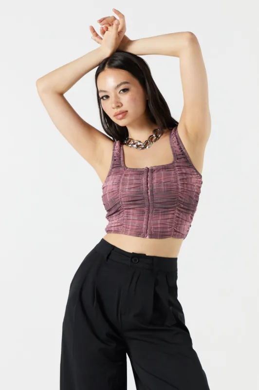 Purple Print Square Neck Hook and Eye Ruched Top sold by Urban Planet
