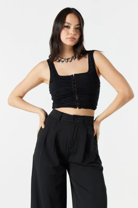 Square Neck Hook and Eye Ruched Top sold by Urban Planet