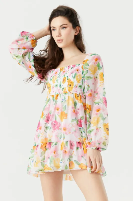 White Floral Print Smocked Long Sleeve Mini Dress sold by Urban Planet