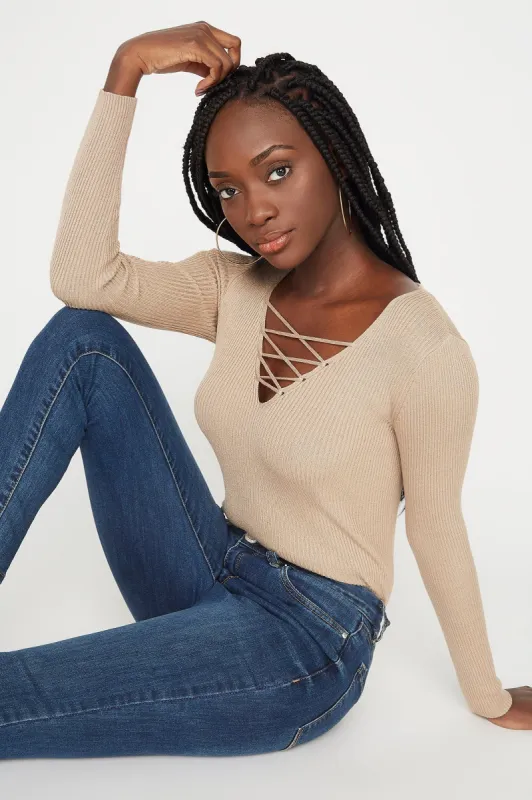 Ribbed Lace-Up Long Sleeve Top sold by Urban Planet