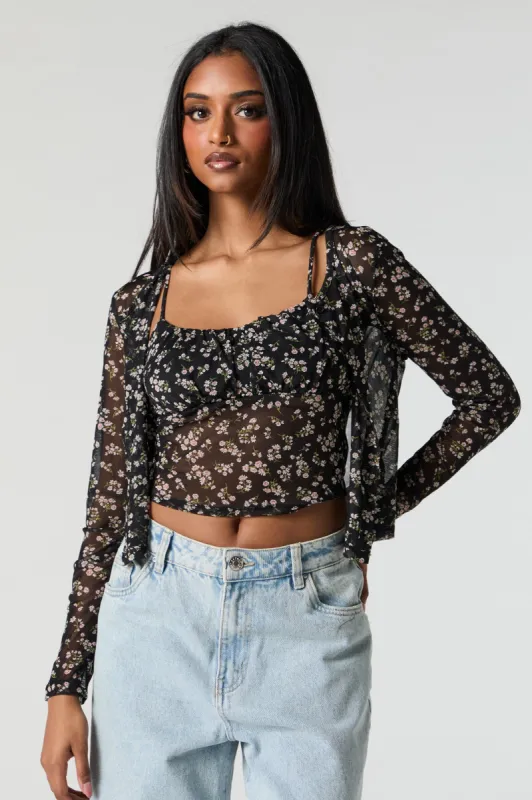 Ensemble avec débardeur en filet fleuri et haut boutonné à manches longues sold by Urban Planet