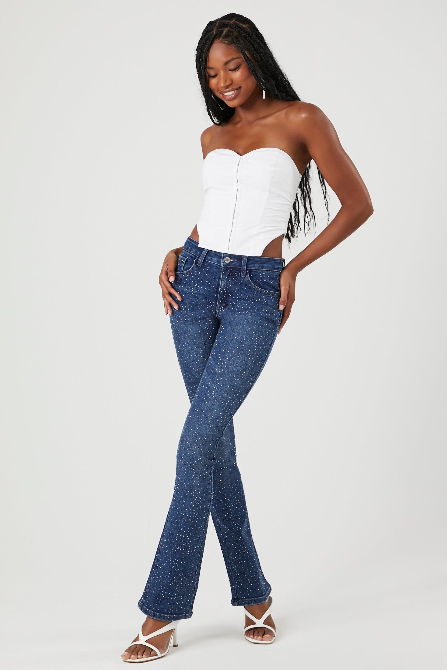 Rhinestone Mid Rise Flare Jean sold by Urban Planet