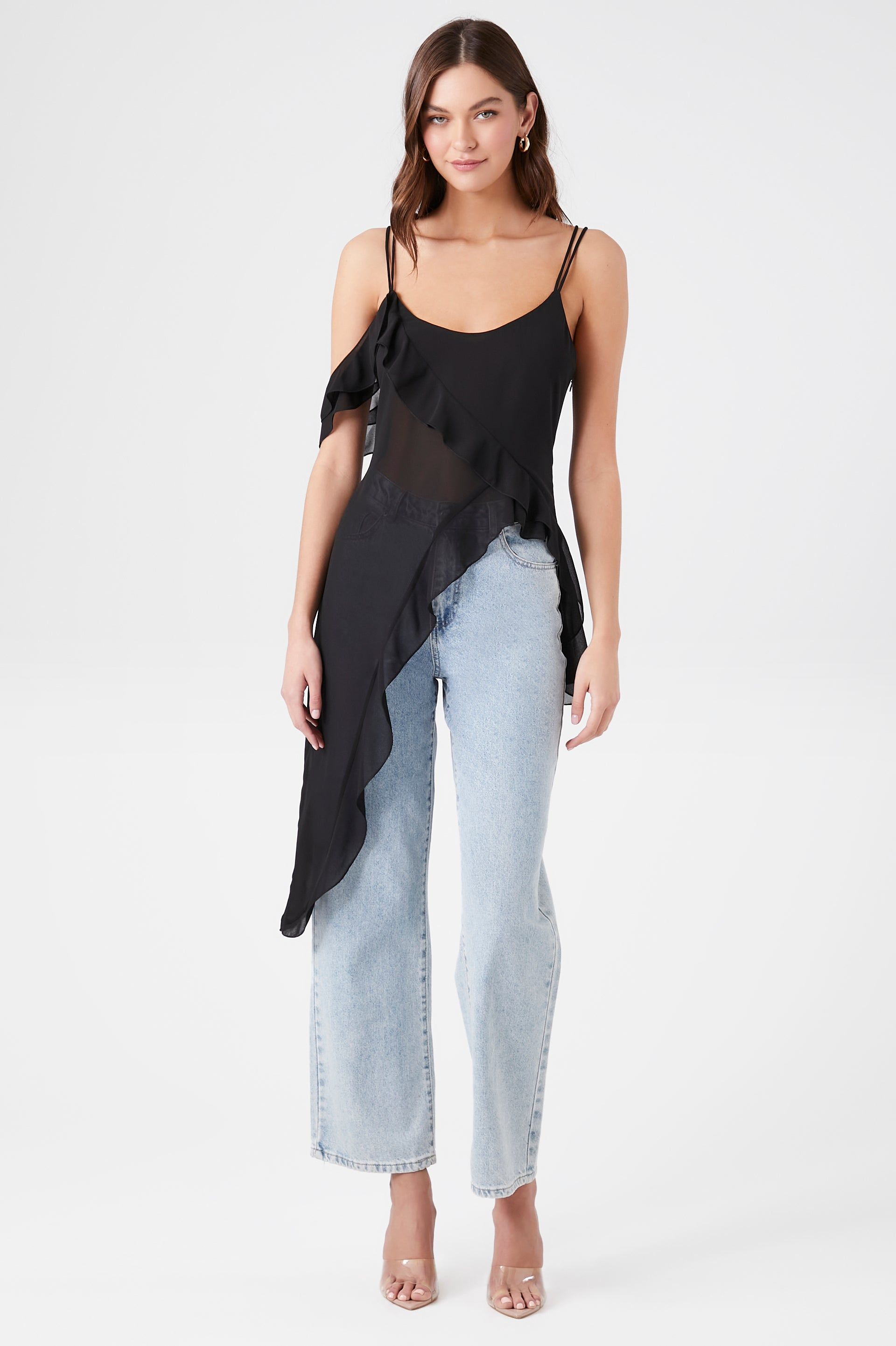 Sheer Asymmetrical Flounce Cami sold by Urban Planet