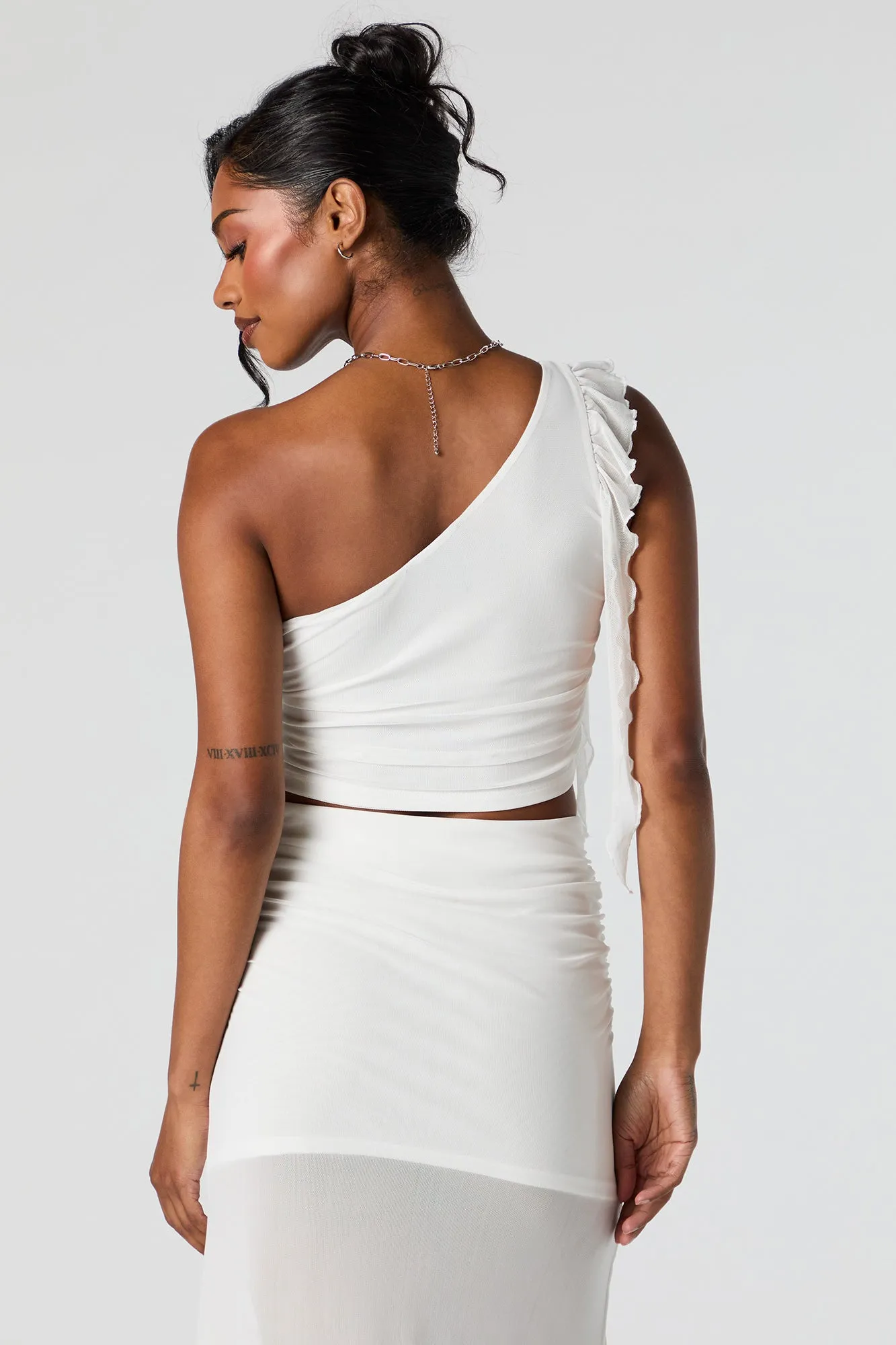 Mesh One Shoulder Ruffle Crop Top sold by Urban Planet product image thumbnail 2
