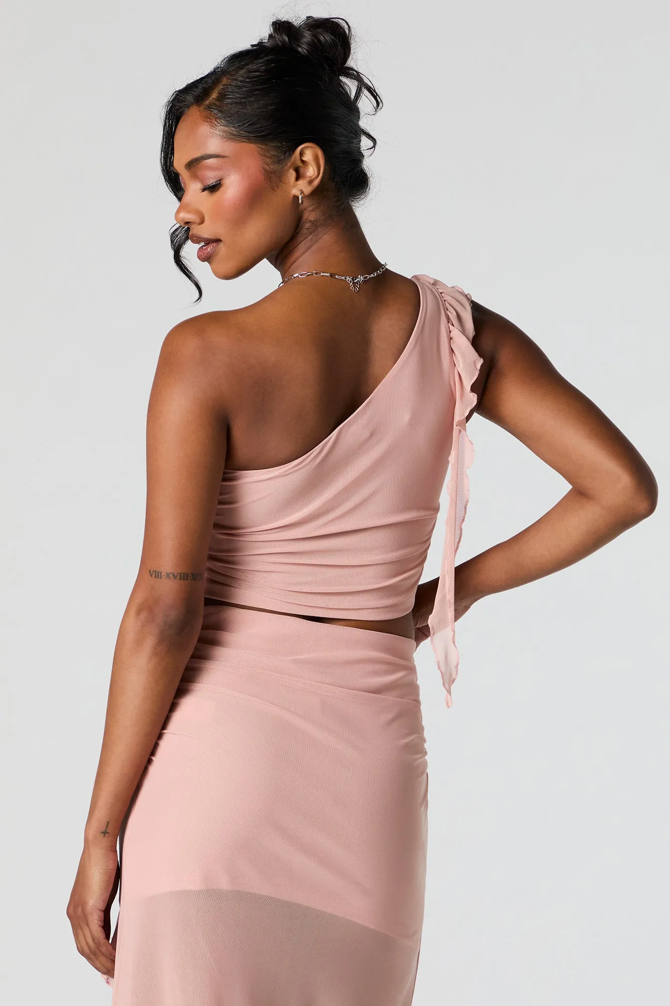 Mesh One Shoulder Ruffle Crop Top sold by Urban Planet product image thumbnail 5
