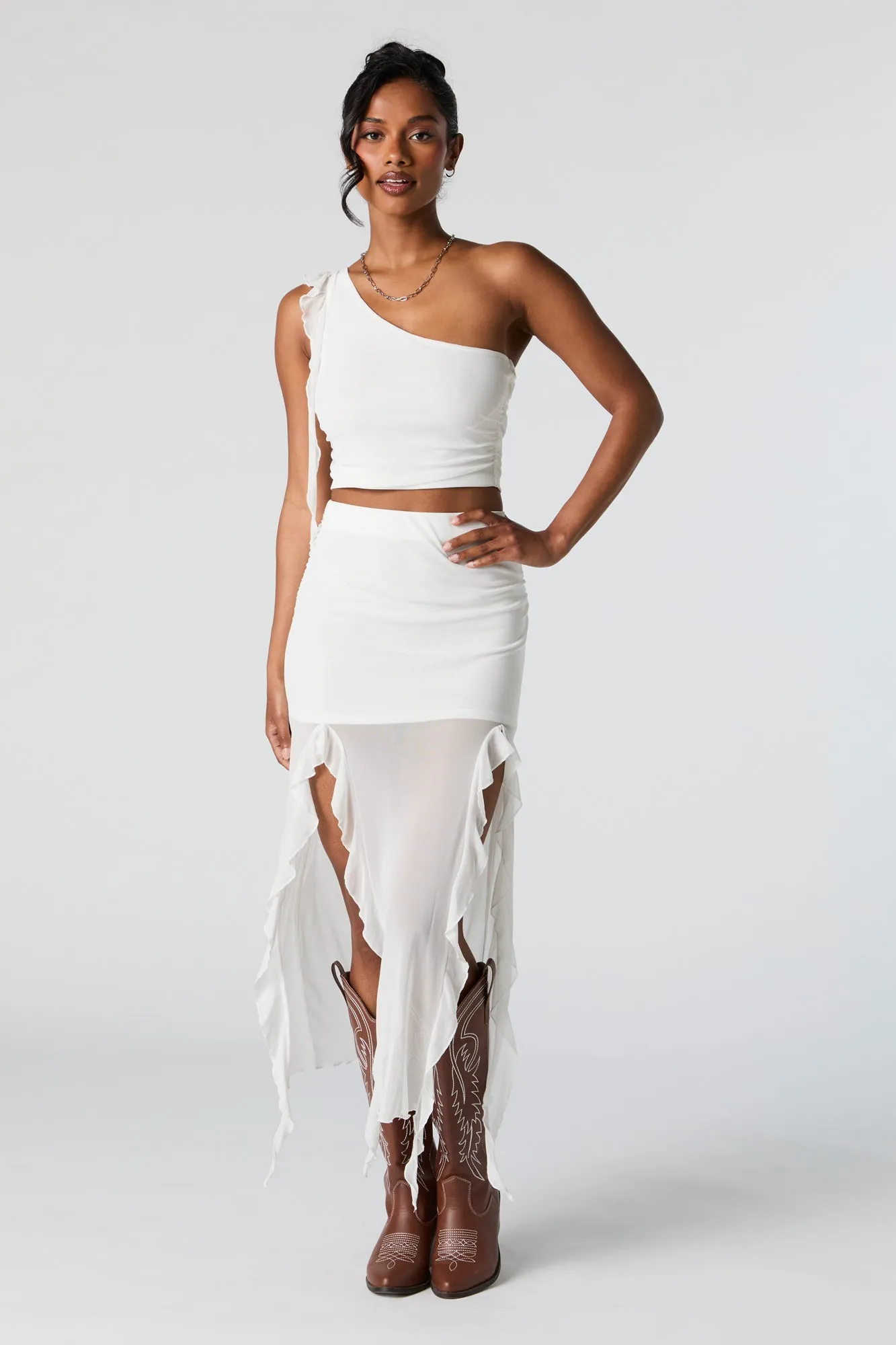 Mesh One Shoulder Ruffle Crop Top sold by Urban Planet product image thumbnail 3
